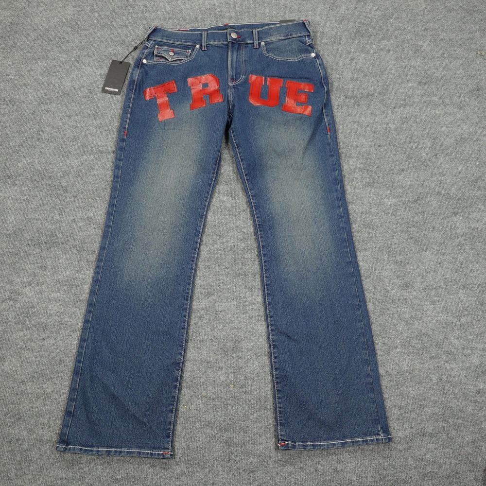 True Religion Jeans Mens 34 Blue Billy Relaxed Bootcut Red Graphic Comet Wash
